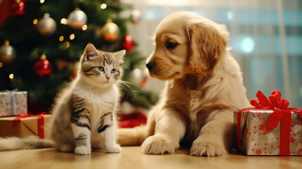 Fototapeta na wymiar Puppy And Cat Sitting Under Christmas Tree, Background, Illustrations, HD