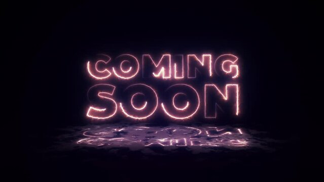 Coming soon text neon lights animation promote advertising next business concept. Use to promote new brand, new business on your social network. Fire lights, sparklers with reflection in the wet floor