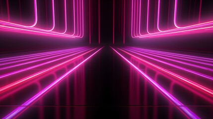 3D Render of a Room with Glowing Fuchsia Neon Lines. Abstract Background - obrazy, fototapety, plakaty