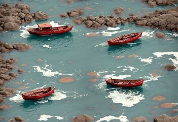 Fototapeta premium A small fishing boat bobbing in a vast expanse of deep blue ocean
