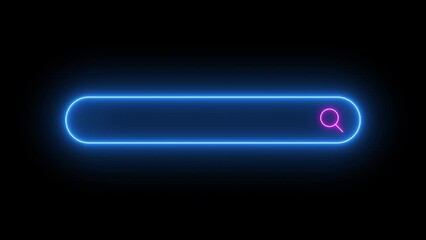 Seamless Loop Magnifying glass Searching Bar Flicker Neon Light Button Sign Symbol. The concept of a search bar in the browser for advertising or slogan. Vibrant glowneon serach bar cyberpunk style