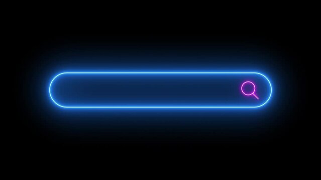 Seamless Loop Magnifying glass Searching Bar Flicker Neon Light Button Sign Symbol. The concept of a search bar in the browser for advertising or slogan. Vibrant glowneon serach bar cyberpunk style