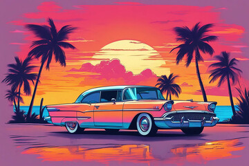 Retro car on the beach with palms  at sunset vintage design.