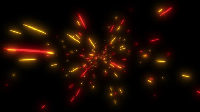 Cosmic hyperspace background. Speed of light, neon glowing abstract rays and stars in motion. Moving through stars. Seamless loop hyperjump. Red and yellow laser sparks from center. Vj animation loop