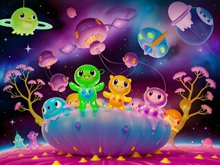 Fototapeta na wymiar Cute Slime Creatures in Outerspace, Generative AI Illustration