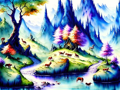 Landscape with Fantasy Animals, Generative AI Illustration