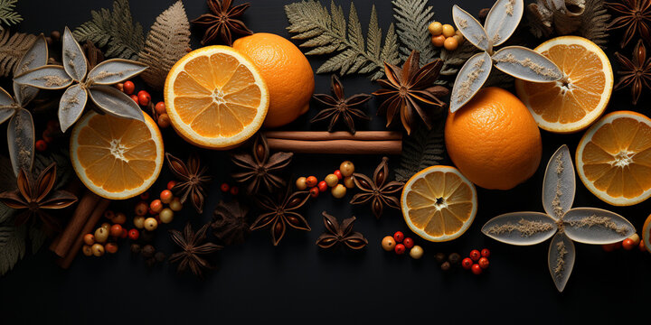 Merry Christmas, festive celebration festive background. Ornaments (orange slices, cinnamon sticks, star anise, branches, cones) on a black table background, top view © Ivan