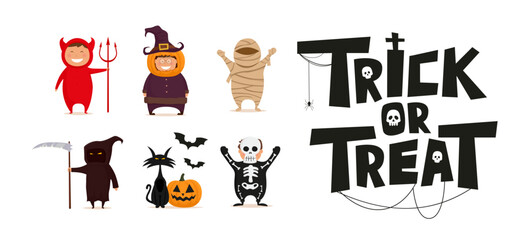 Happy Halloween with kids in costumes. Trick or Treat text. Set of vector illustrations on the theme of Halloween.