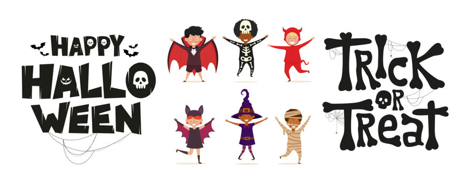 Kids in Halloween costume and spooky text Trick or Treat. Set of vector illustrations on the theme of Halloween.
