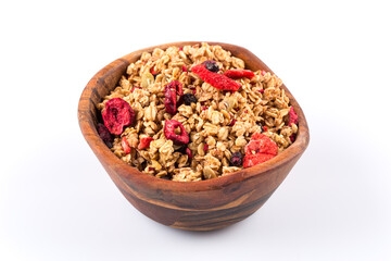 Muesli oat cereals close up background with dry fruits