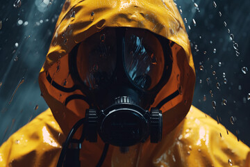 A man in a radiation protective suit, the world after a nuclear explosion. Radiation emissions - obrazy, fototapety, plakaty