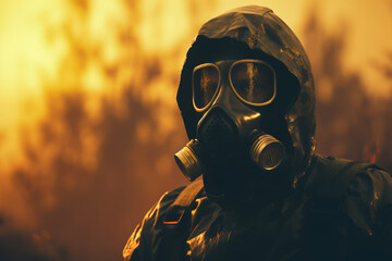 A man in a radiation protective suit, the world after a nuclear explosion. Radiation emissions