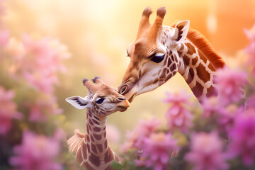 Two giraffes playing with each other in the flower garden.