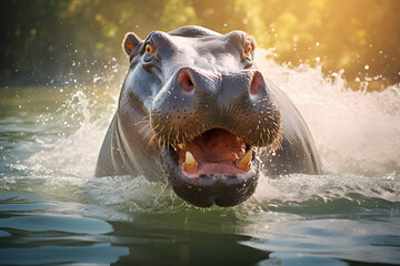 Hippopotamus in the water.Hippopotamus amphibius. - obrazy, fototapety, plakaty