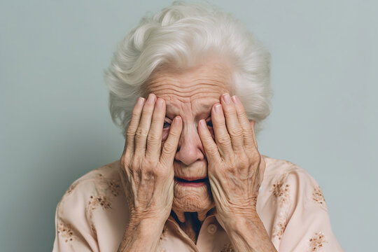 Sad desperate elderly woman with hands on her face