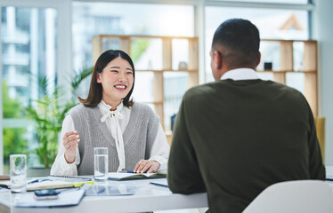 Business people, meeting and planning, teamwork or b2b communication of marketing ideas and project proposal. Young professional designer or clients talking of opportunity or internship collaboration