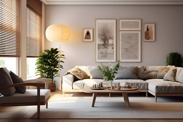 Modern open space interior with designer sofa, furniture, wooden table, poster mockup frame, throw, pillows and elegant personal accessories in stylish home decor. Neutral living room. Generative AI