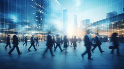 Generative AI. abstract motion blur image of business people crowd walking at corporate office in city downtown, blurred background, business center concept