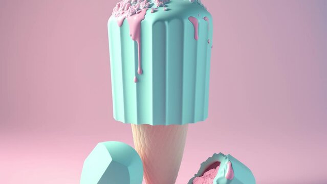 A blue ice cream stick melts on a pastel pink background.