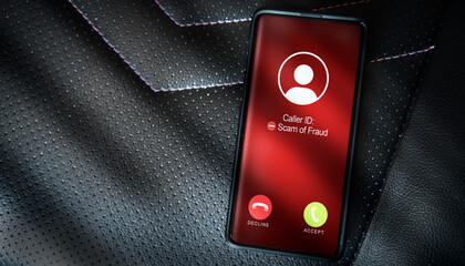 Top view of smartphone with spam call on screen. Smartphone incoming unwanted call. Spam, scam, phishing and fraud concept. Security technology.