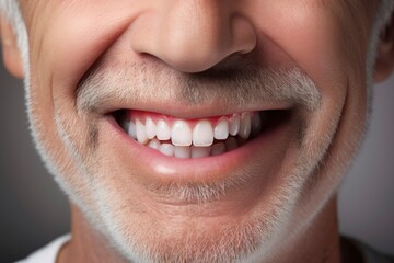 Fototapeta premium Elderly man smile showing teeth close up. Senior man pointing at him healthy white teeth and widely smiling. Senior man dental health poster concept