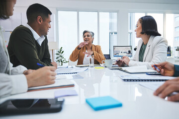 CEO, woman speaking or business people in meeting planning in discussion with mission together....