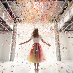 Woman standing rejoicing in bright light, flying confetti.
