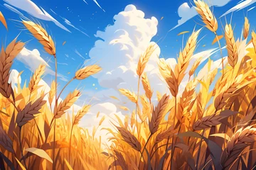 Poster Autumnal equinox, autumn wheat field, wind blowing wheat waves illustration © lin