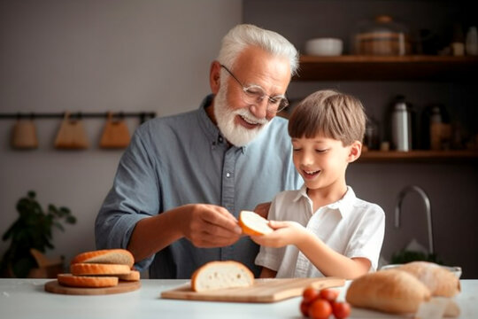A little boy makes a sandwich for breakfast with his grandfather at the kitchen table in the morning sun.