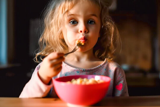 A little girl purses her lips while eating cereal at breakfast.