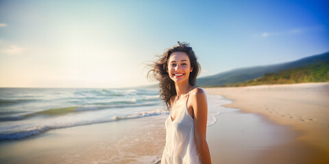 Fototapeta na wymiar Beautiful smiling woman in white tank top and long hair standing on a sandy beach with the ocean in the background at sunset. The ocean is blue and the sky is clear. Holiday and relaxing vibes.