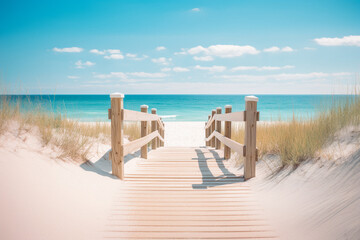 Wooden boardwalk leading to a beach. Light-colored wood, railings, dune grass. Ocean and blue sky in the background. Bright and sunny mood. - Powered by Adobe