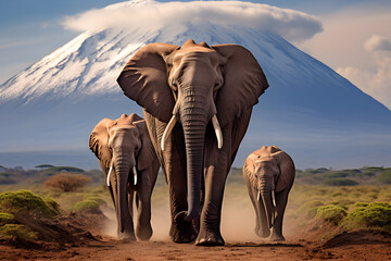 Fototapeta na wymiar Elephants in front of Mt,Kilimanjaro, Amboseli, Kenya