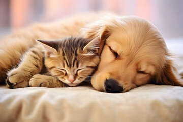 Cute cat and dog sleeping together on sofa at home, closeup.