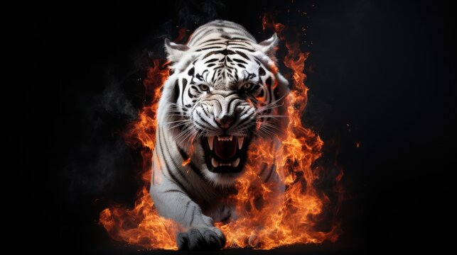 Tiger roar red fire and smoke background. Generative AI Stock Illustration