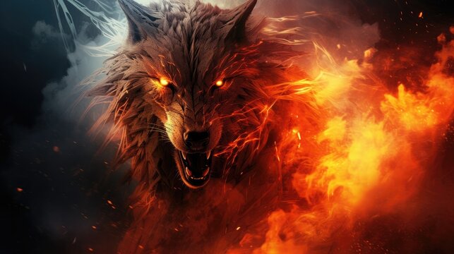 Epic wolf  animal portrait, flaming power background, warrior figure, determination ready for action, blazing fire . wallpaper, Generative AI 