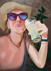 Resting woman in sunglasses with a glass of milkshake. Close-up drawing