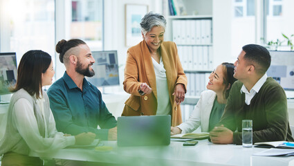 Business people, manager presentation and laptop for teamwork, website launch and marketing meeting...