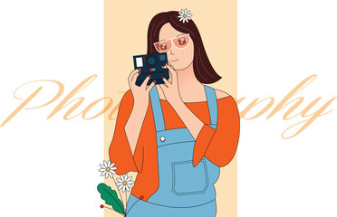 Smiling Girl With Camera - Photography - Girl photgrapher - Flat Art Vector
