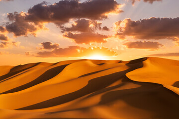 Sunset over the sand dunes in the desert. Arid landscape of the desert.