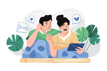 Couple Listening Podcast Show Illustration concept on white background
