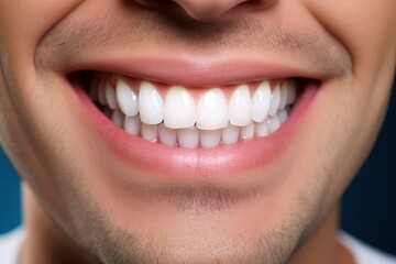 Man smile showing teeth close up. Handsome man pointing at him healthy white teeth and widely smiling. Man dental health poster concept