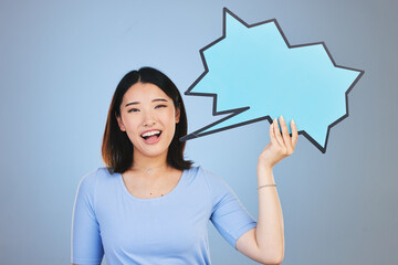 Speech bubble, woman voice and student presentation, chat or communication for college opportunity...