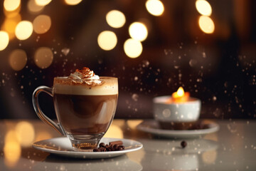 Cup of coffee with whipped cream on table against blurred lights background