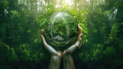 Hand holding earth planet with abundance of forest lush greenery for green nature environment and love the earth concept. - obrazy, fototapety, plakaty