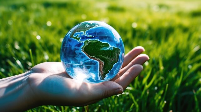 Hand holding earth planet with abundance of forest lush greenery for green nature environment and love the earth concept.