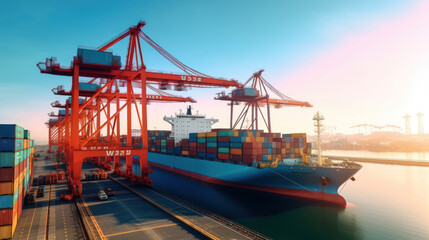 Fototapeta premium Generative AI. container cargo ship from industrial logistic port in the sea, international transportation, industrial, business logistic, import and export oversea concept