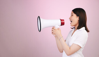 Megaphone announcement, studio or profile woman with sales discount, promo deal or breaking news audio. Advertising speech, mockup space or female speaker noise, attention or voice on pink background
