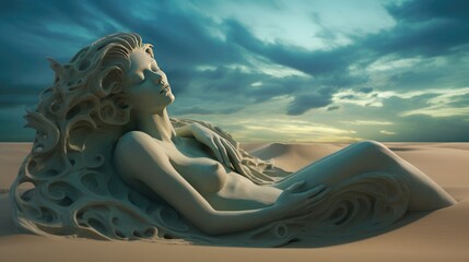Discover the enchanting intersection of fantasy and reality with a sand sculpture of a mermaid, her graceful form contrasting the stark backdrop of the desert - obrazy, fototapety, plakaty