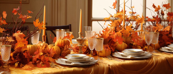 Jesienna dekoracja stołu - kryształowa zastawa, złoty obrus, świeczniki, dynie i kompozycje z kolorowych jesiennych liści - obrazy, fototapety, plakaty